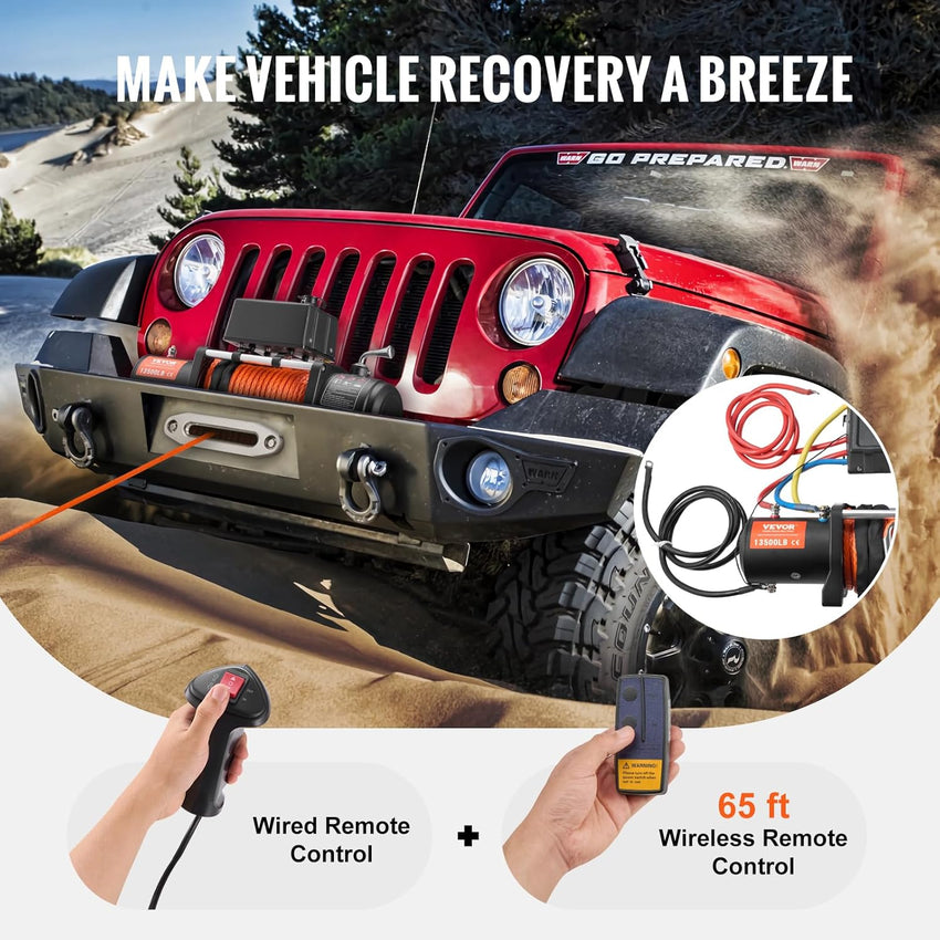 VEVOR 13,500 lb Electric, Truck Winch 12V DC 3/8 in x 80 ft Synthetic Rope Aluminum Fairlead Wireless & Wired Remote Control, 13500 lbs, IP55 Waterproof Towing for Off Road Jeep SUV Boat