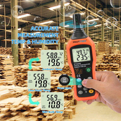 PT6508 Temperature Humidity Meter, Digital Thermometer Hygrometer Monitor with Ambient, Dew Point, Wet Bulb for Indoor/Outdoor MIN, MAX, Data Hold, LCD Backlight