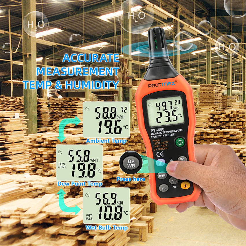 PT6508 Temperature Humidity Meter, Digital Thermometer Hygrometer Monitor with Ambient, Dew Point, Wet Bulb for Indoor/Outdoor MIN, MAX, Data Hold, LCD Backlight