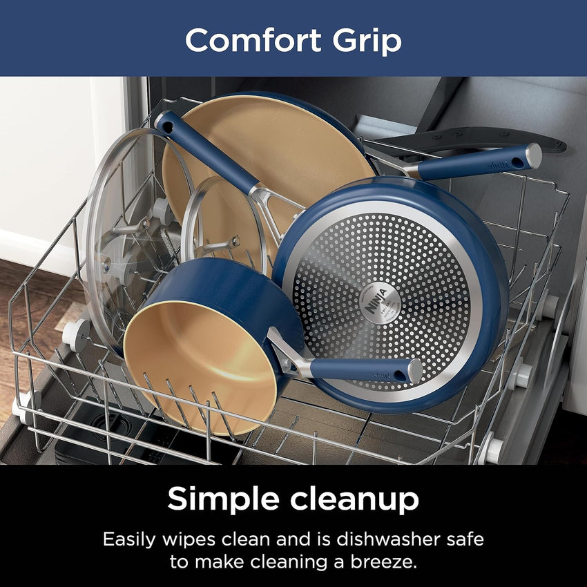 Ninja Ceramic Cookware Set, Extended Life 11-Piece Kitchen Cookware Sets with Comfort Grip, Nonstick Fry Pans, Pots, PTFE Free, Oven & Dishwasher Safe, Stovetop Compatible, Navy Blue, CW49011