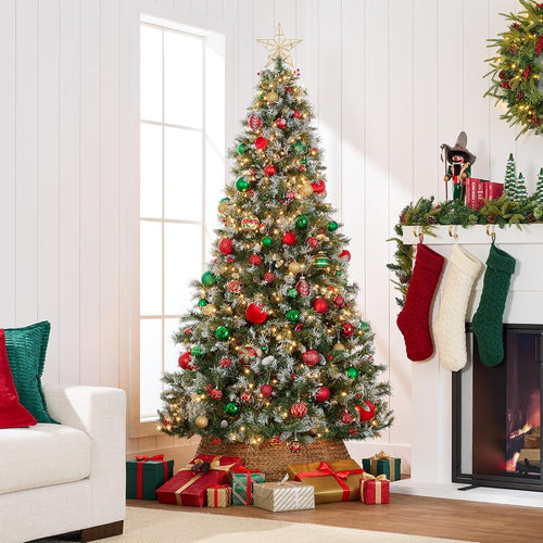Best Choice Products Christmas Tree Pre-Lit, Pre-Decorated Artificial 6ft Frosted Pine Holiday Decoration w/Frosted Tips, Pine Cones, Berries