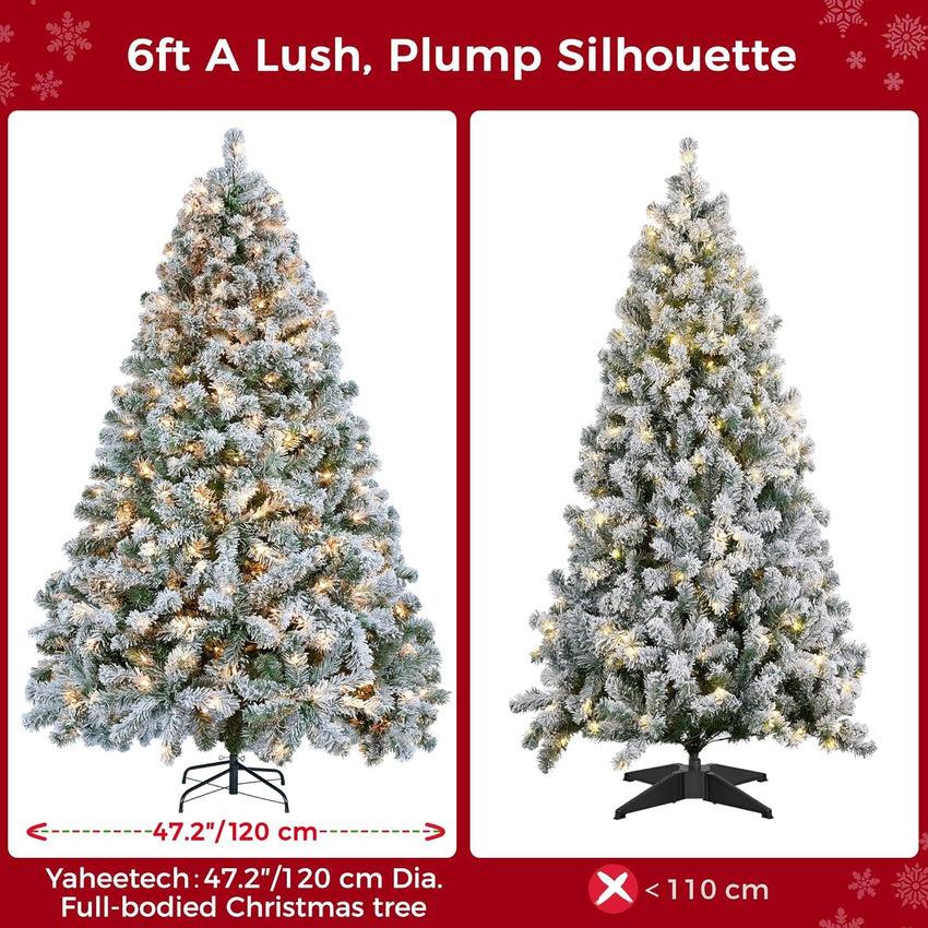 Yaheetech 6ft Snow Flocked Pre-lit Christmas Tree with 250 Warm White Lights, 820 Lush Branch Tips & Quick-Assembly Hinged Design, Full Artificial Xmas Tree for Winter Holiday Décor, Green & White