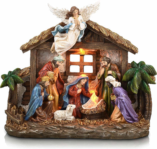 Valery Madelyn Christmas Nativity Figurines with LED Lights, Red Gold Holy Family Nativity Scenes Set Resin Manger for Xmas Indoor Home Table Fireplace Holiday Decorations, 10.6 Inch Tall