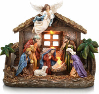 Valery Madelyn Christmas Nativity Figurines with LED Lights, Red Gold Holy Family Nativity Scenes Set Resin Manger for Xmas Indoor Home Table Fireplace Holiday Decorations, 10.6 Inch Tall