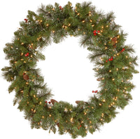 National Tree Company 24 in Pre-Lit Crestwood Spruce Artificial Christmas Wreath, Christmas Decoration with Glitter, Pinecones, Red Berries, 50 Clear LED Lights, 160 Tips, Timer, Green