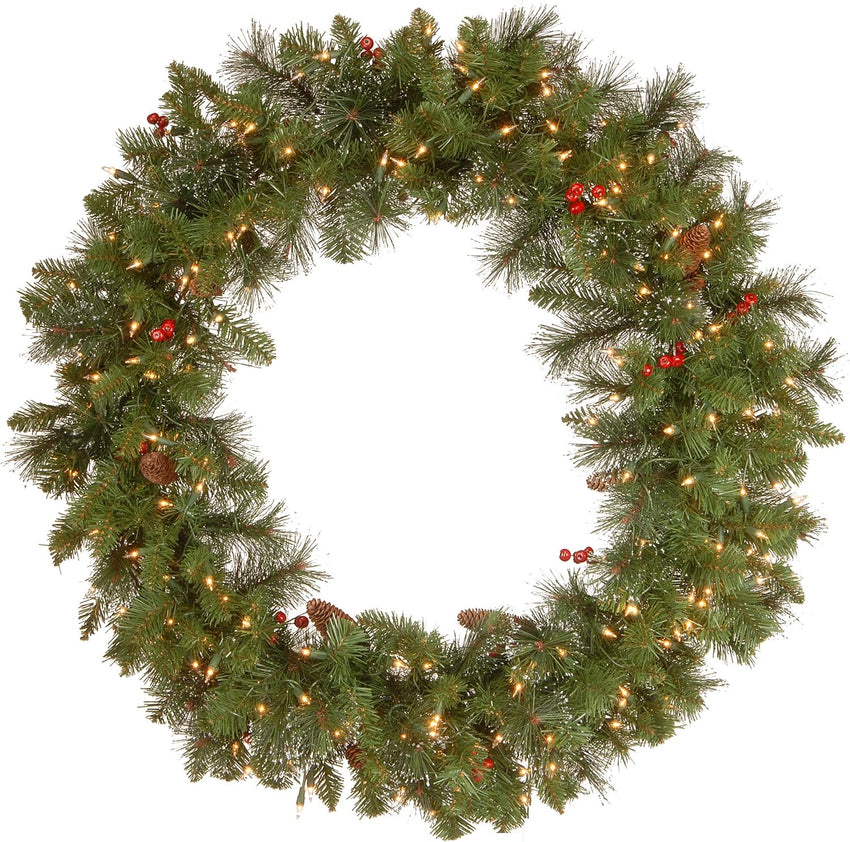 National Tree Company 24 in Pre-Lit Crestwood Spruce Artificial Christmas Wreath, Christmas Decoration with Glitter, Pinecones, Red Berries, 50 Clear LED Lights, 160 Tips, Timer, Green