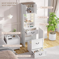 Compact Vanity with Hidden Chair | Mini Dorm Organizers and Storage Dressing Table Desk Gift for Girls Lady with 2 Large Drawers Shelves Mirror Lights for Small Bedroom (White)