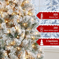 Yaheetech 6ft Snow Flocked Pre-lit Christmas Tree with 250 Warm White Lights, 820 Lush Branch Tips & Quick-Assembly Hinged Design, Full Artificial Xmas Tree for Winter Holiday Décor, Green & White