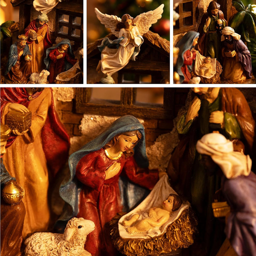 Valery Madelyn Christmas Nativity Figurines with LED Lights, Red Gold Holy Family Nativity Scenes Set Resin Manger for Xmas Indoor Home Table Fireplace Holiday Decorations, 10.6 Inch Tall