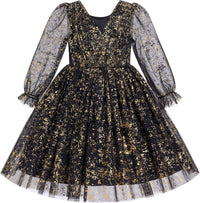 IMEKIS Toddler Kids Girls Tulle Dress Floral Embroidery Sparkly Wedding Party Long Sleeve Fall Photo Shoot Outfit 2-8T