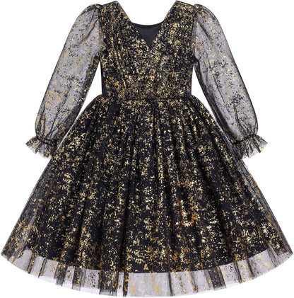 IMEKIS Toddler Kids Girls Tulle Dress Floral Embroidery Sparkly Wedding Party Long Sleeve Fall Photo Shoot Outfit 2-8T