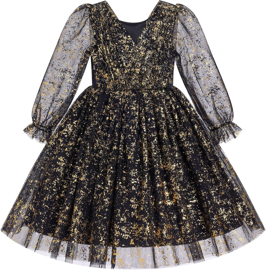 IMEKIS Toddler Kids Girls Tulle Dress Floral Embroidery Sparkly Wedding Party Long Sleeve Fall Photo Shoot Outfit 2-8T