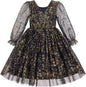 IMEKIS Toddler Kids Girls Tulle Dress Floral Embroidery Sparkly Wedding Party Long Sleeve Fall Photo Shoot Outfit 2-8T