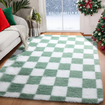 KICMOR Navy Blue and Cream White Rugs for Living Room, 4x6 Fluffy Fuzzy Shag Checkered Rug Shaggy Carpet for Bedroom, Soft Plush Area Rug for Nursery Toddler Room Classroom Study Room Kids Room
