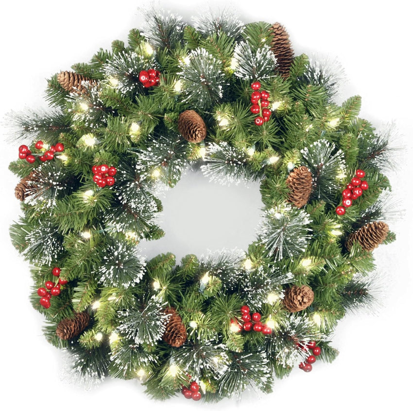 National Tree Company 24 in Pre-Lit Crestwood Spruce Artificial Christmas Wreath, Christmas Decoration with Glitter, Pinecones, Red Berries, 50 Clear LED Lights, 160 Tips, Timer, Green