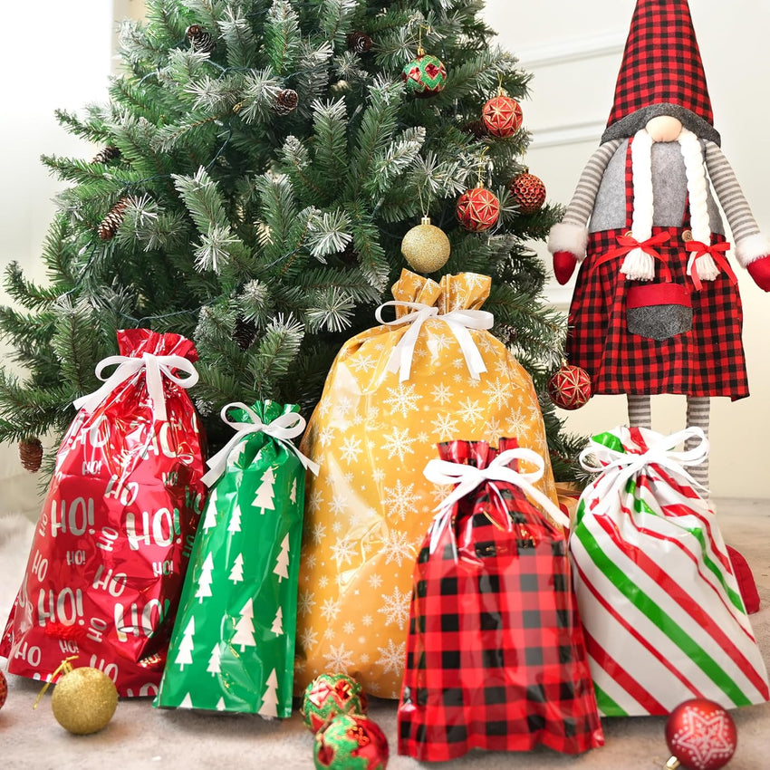 JOYIN 36 PCS Christmas Drawstrings Gift Bags Assorted Sizes(Large Medium Small), Xmas Reusable Plastic Bag for Presents Wrapping, Holiday Party Favors