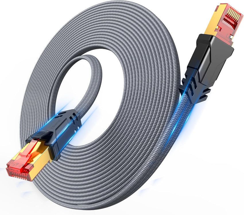 Snowkids Cat 8 Ethernet Cable 6FT, High Speed 40Gbps,2000Mhz Braided High Duty LAN Cable,Gold Plated RJ45 Connector,S/FTP Shielded Indoor Flat 26AWG Network Cable for Modem/Router/PS3/4/5/Gaming/PC