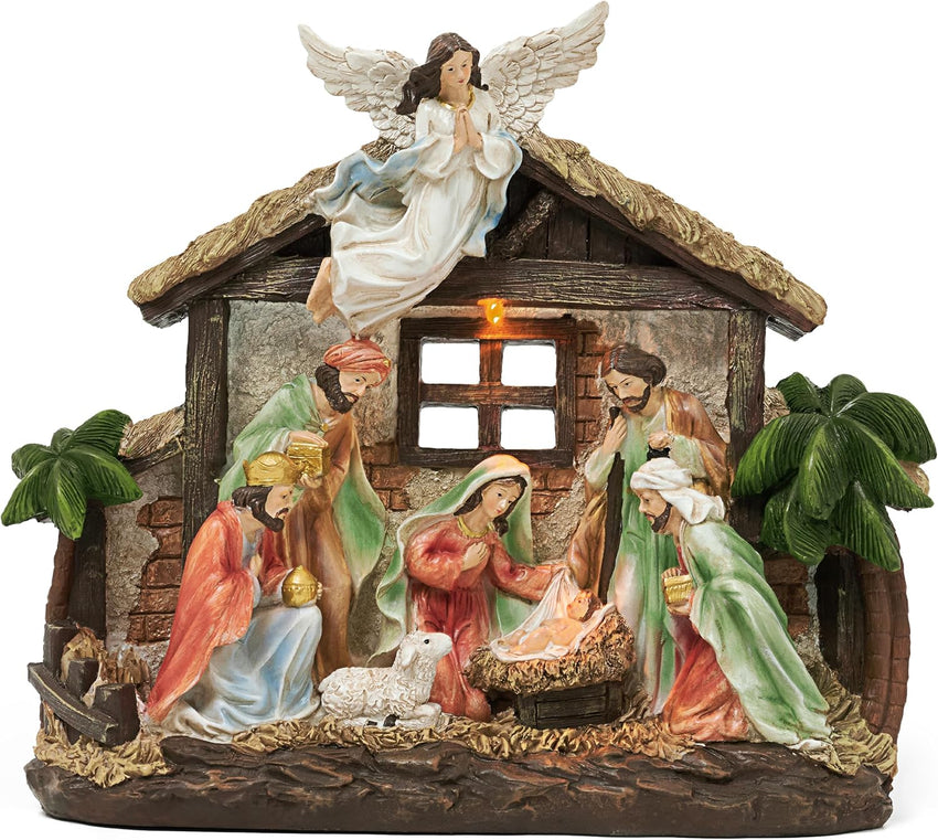 Valery Madelyn Christmas Nativity Figurines with LED Lights, Red Gold Holy Family Nativity Scenes Set Resin Manger for Xmas Indoor Home Table Fireplace Holiday Decorations, 10.6 Inch Tall