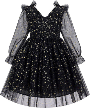 IMEKIS Toddler Kids Girls Tulle Dress Floral Embroidery Sparkly Wedding Party Long Sleeve Fall Photo Shoot Outfit 2-8T