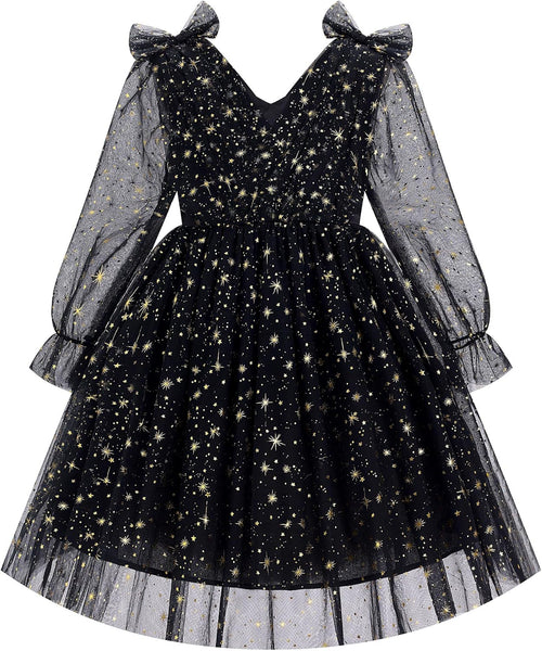 IMEKIS Toddler Kids Girls Tulle Dress Floral Embroidery Sparkly Wedding Party Long Sleeve Fall Photo Shoot Outfit 2-8T