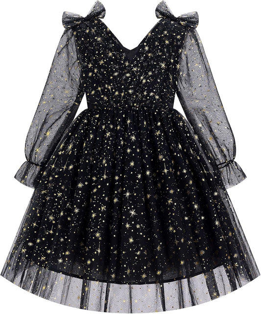 IMEKIS Toddler Kids Girls Tulle Dress Floral Embroidery Sparkly Wedding Party Long Sleeve Fall Photo Shoot Outfit 2-8T