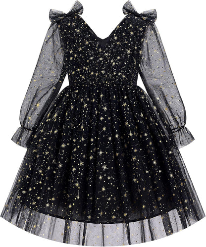 IMEKIS Toddler Kids Girls Tulle Dress Floral Embroidery Sparkly Wedding Party Long Sleeve Fall Photo Shoot Outfit 2-8T