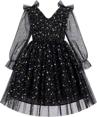 IMEKIS Toddler Kids Girls Tulle Dress Floral Embroidery Sparkly Wedding Party Long Sleeve Fall Photo Shoot Outfit 2-8T