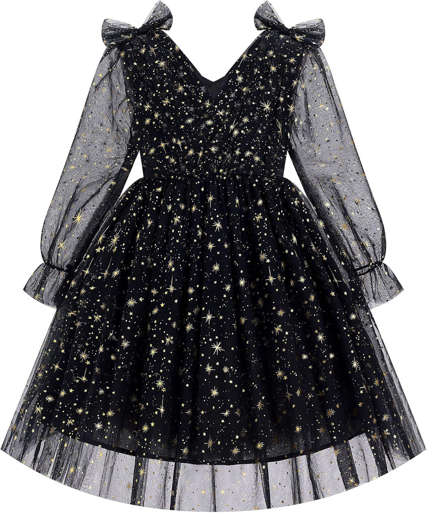 IMEKIS Toddler Kids Girls Tulle Dress Floral Embroidery Sparkly Wedding Party Long Sleeve Fall Photo Shoot Outfit 2-8T