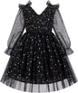 IMEKIS Toddler Kids Girls Tulle Dress Floral Embroidery Sparkly Wedding Party Long Sleeve Fall Photo Shoot Outfit 2-8T