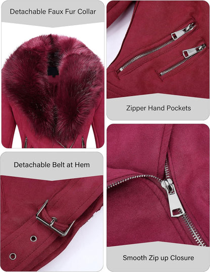 Bellivera Women Faux Leather Suede Jacket Moto Biker Coat Sherpa-Lined Overcoat with Removable Belt