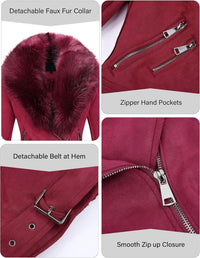 Bellivera Women Faux Leather Suede Jacket Moto Biker Coat Sherpa-Lined Overcoat with Removable Belt
