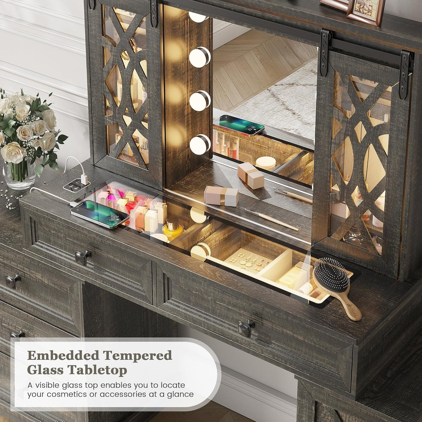 Compact Vanity with Hidden Chair | Mini Dorm Organizers and Storage Dressing Table Desk Gift for Girls Lady with 2 Large Drawers Shelves Mirror Lights for Small Bedroom (White)