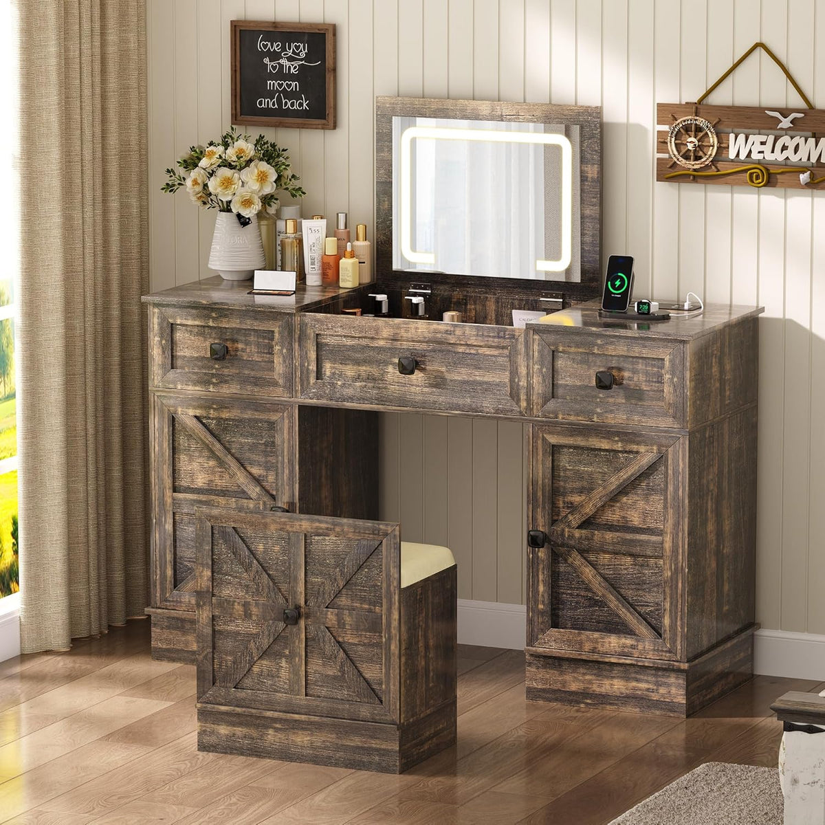 Gurexl 3 in 1 Small Vanity Desk with Lights and Mirror,Tall Lighted Compact Vanity with Charging Station,Makeup Vanity Set with Jewelry Armoire,Glass Top,Wheeled Stool with Storage,3 Drawers