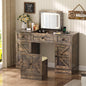 Gurexl 3 in 1 Small Vanity Desk with Lights and Mirror,Tall Lighted Compact Vanity with Charging Station,Makeup Vanity Set with Jewelry Armoire,Glass Top,Wheeled Stool with Storage,3 Drawers