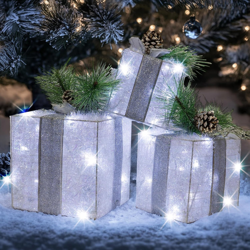 Hourleey Set of 3 Christmas Lighted Gift Boxes, Pre-lit 60 LED Light Up Present Boxes Ornament Outdoor Warm White Tinsel Boxes Decoration for Indoor Christmas Home Yard Lawn Decor