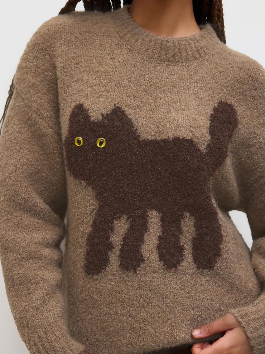 CIDER Women’s Cat Sweater Long Sleeve Crew Neck Fun Graphic Cute Patterned Pullover Sweater Tops