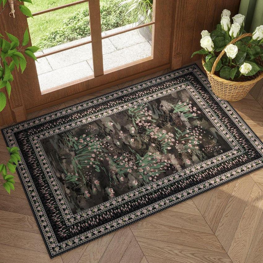 Rugcomf 4x6 Rug for Bedroom Impressionist-Style Vintage Washable Rugs Non Slip Low Pile Small Carpet for Bedside Kids Room Office Dining Room, Green