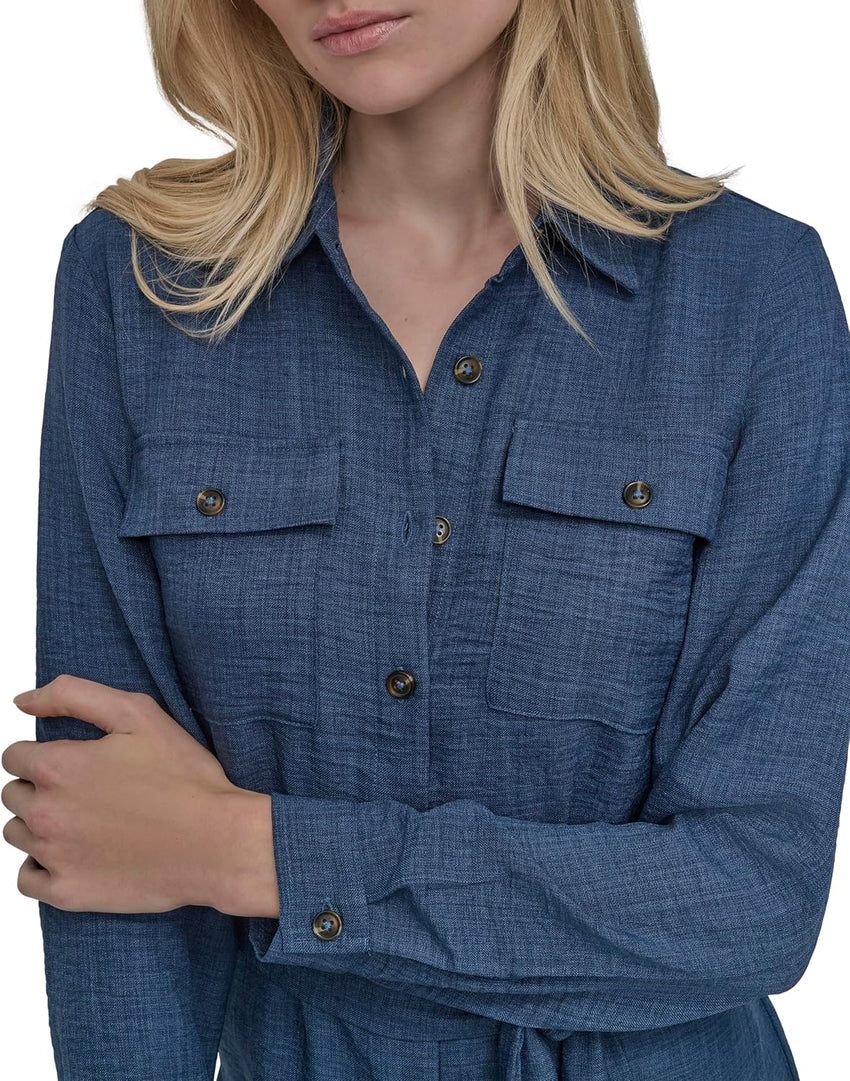 DKNY Womens Long Sleeve Collared Tie Midi Shirtdress