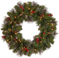 National Tree Company 24 in Pre-Lit Crestwood Spruce Artificial Christmas Wreath, Christmas Decoration with Glitter, Pinecones, Red Berries, 50 Clear LED Lights, 160 Tips, Timer, Green
