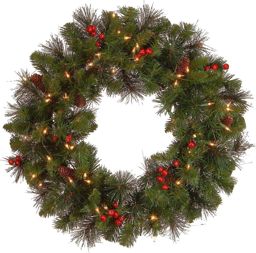 National Tree Company 24 in Pre-Lit Crestwood Spruce Artificial Christmas Wreath, Christmas Decoration with Glitter, Pinecones, Red Berries, 50 Clear LED Lights, 160 Tips, Timer, Green
