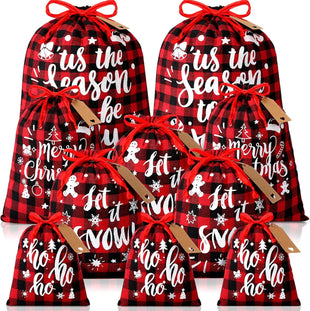 Wesnoy 20 Pack Christmas Drawstring Gift Bags with Tags, Xmas Gift Bags Assorted Sizes Bulk, Large Medium Small Holiday Gift Bag for Party Favors Present Wrapping (Red and Black)