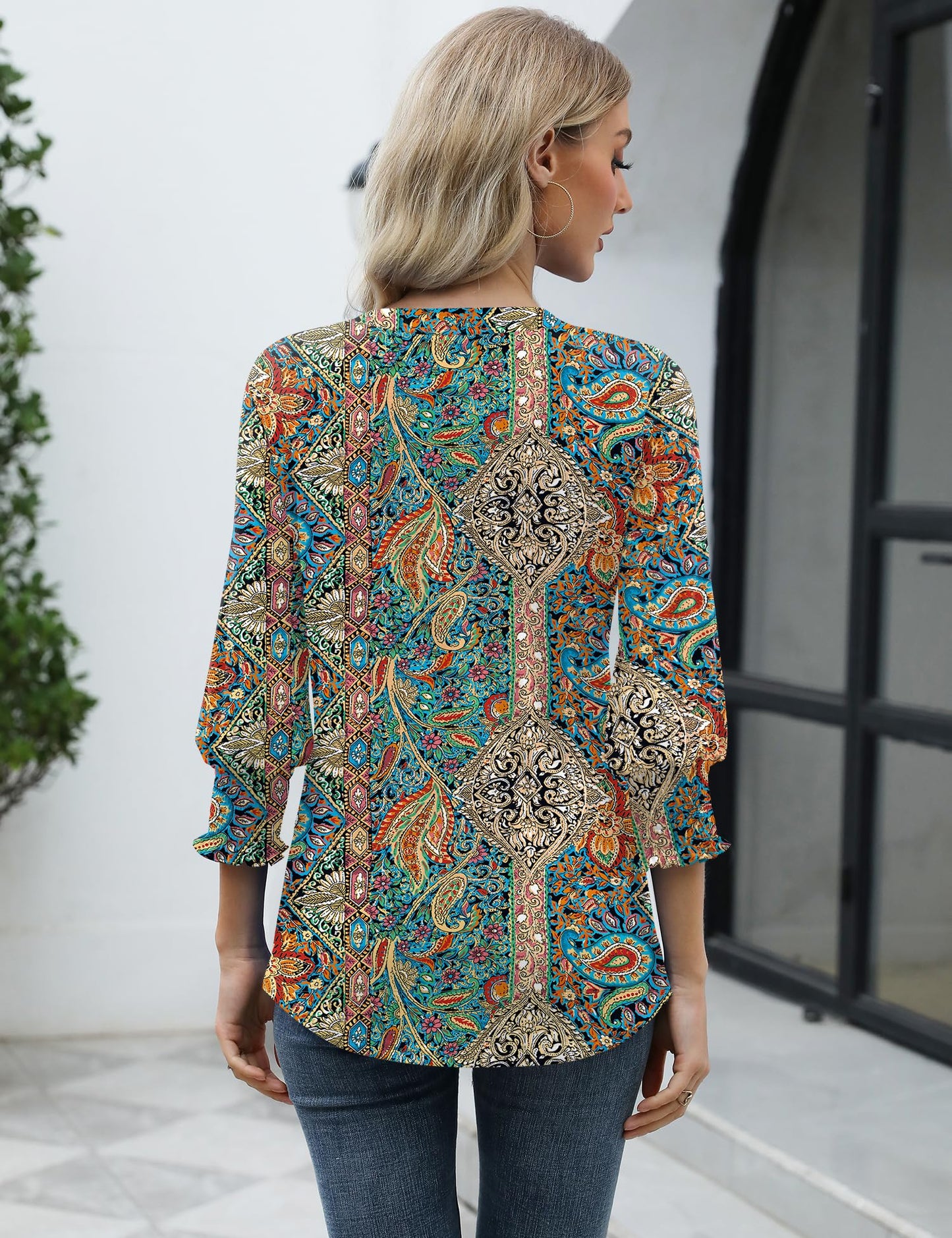 LOMON Blouses for Women Dressy Casual 3/4 Sleeve Tops for Women V Neck T Shirt Ladies Tops and Blouses Orange Blue Print L