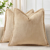 decorUhome Christmas Corduroy Cream White Throw Pillow Covers 18x18 Set of 2 Decorative Soft Boho Farmhouse Euro Couch Pillow Covers for Living Room Bed Sofa Broadside Striped Pillow Cases