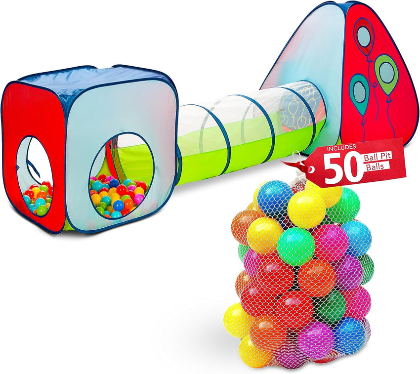 Kiddey Tunnel and Ball Pit Play Tent | 3pc Pop Up Toddler Gym Tunnels with Tents for Kids, Toddlers, Infants Boys & Girls | Indoor & Outdoor Gift Game | Baby Crawling Pits for Playground