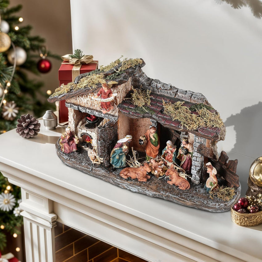 Nativity Scene Set with LED Lights,15.3" Resin Holy Family Character Stables Sculpture Manger Figurine for Indoor Tabletop Fireplace Christmas Decorations