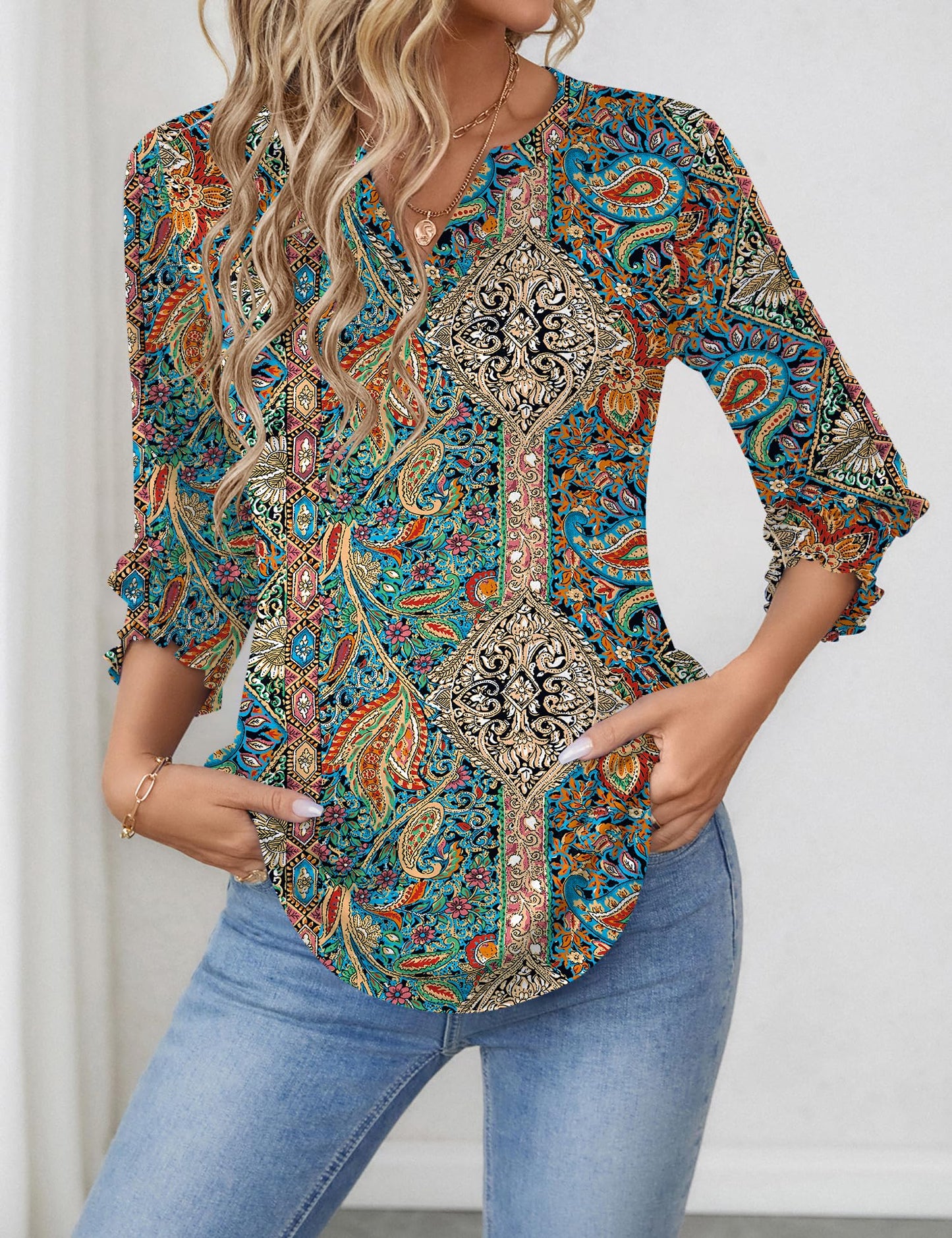 LOMON Blouses for Women Dressy Casual 3/4 Sleeve Tops for Women V Neck T Shirt Ladies Tops and Blouses Orange Blue Print L