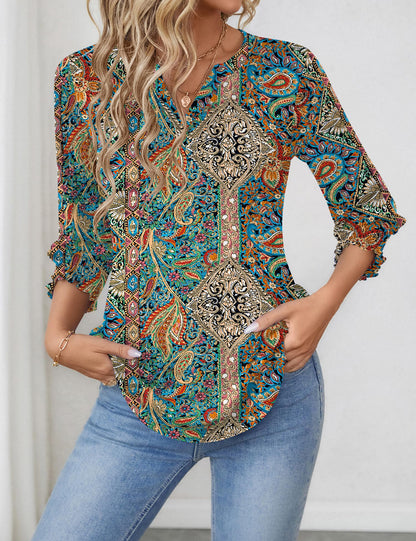 LOMON Blouses for Women Dressy Casual 3/4 Sleeve Tops for Women V Neck T Shirt Ladies Tops and Blouses Orange Blue Print L