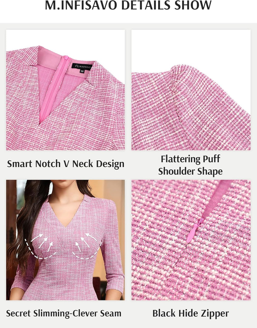 M.Infisavo Sheath Dresses for Women 2025 Notch V Neck 3/4 Sleeves Slim Fit Office Pencil Dress