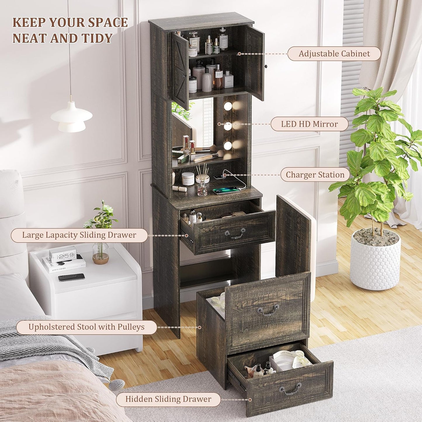 Vanity Desk with Mirror and Lights, Compact Makeup Table w/Storage Drawers & Shelves, Farmhouse Vanity Table with Hidden Chair for Bedroom, Gift for Girls Lady, Rustic Brown