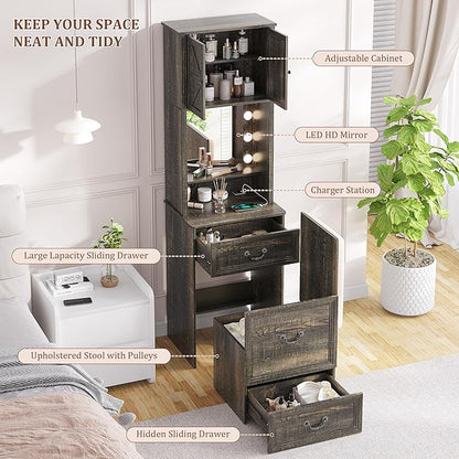 Compact Vanity with Hidden Chair | Mini Dorm Organizers and Storage Dressing Table Desk Gift for Girls Lady with 2 Large Drawers Shelves Mirror Lights for Small Bedroom (White)